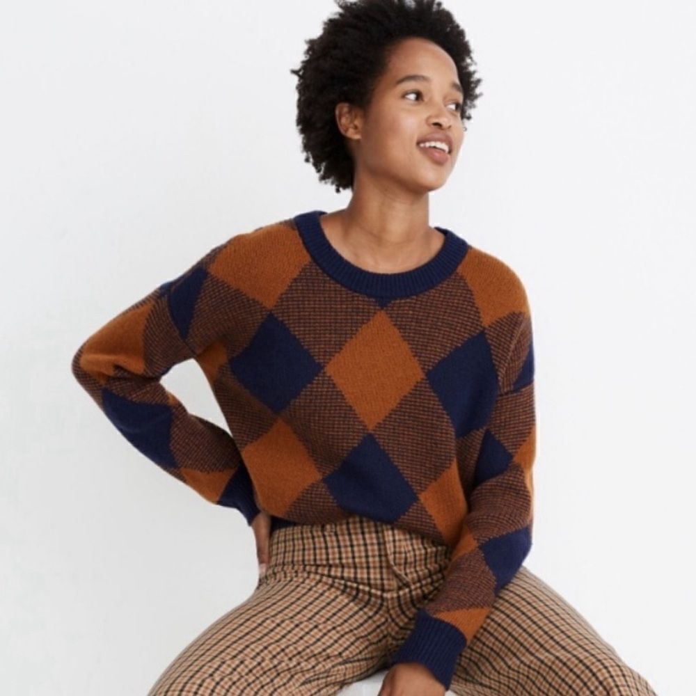 Madewell Mullen Pullover Sweater in Plaid Blue Brown Item AD044 Size Small - Picture 3 of 3